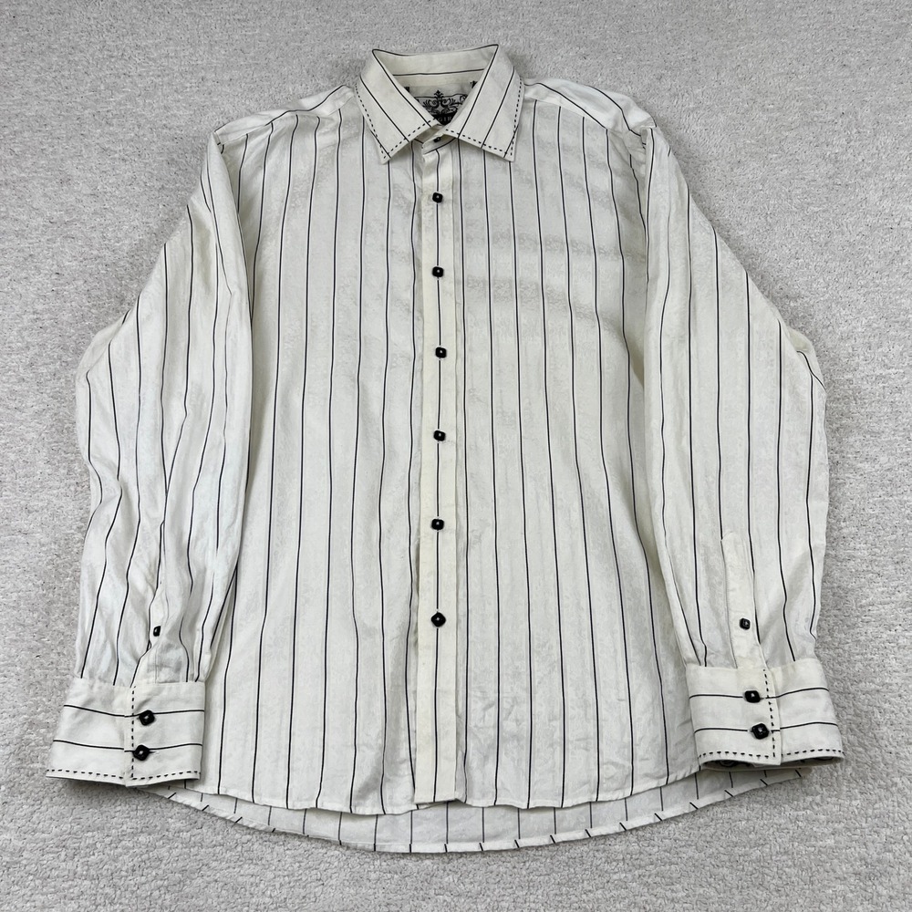 Zagiri Mens‎ 2XL White Black Striped Jacquard Damask Button Up Shirt Cotton L/S